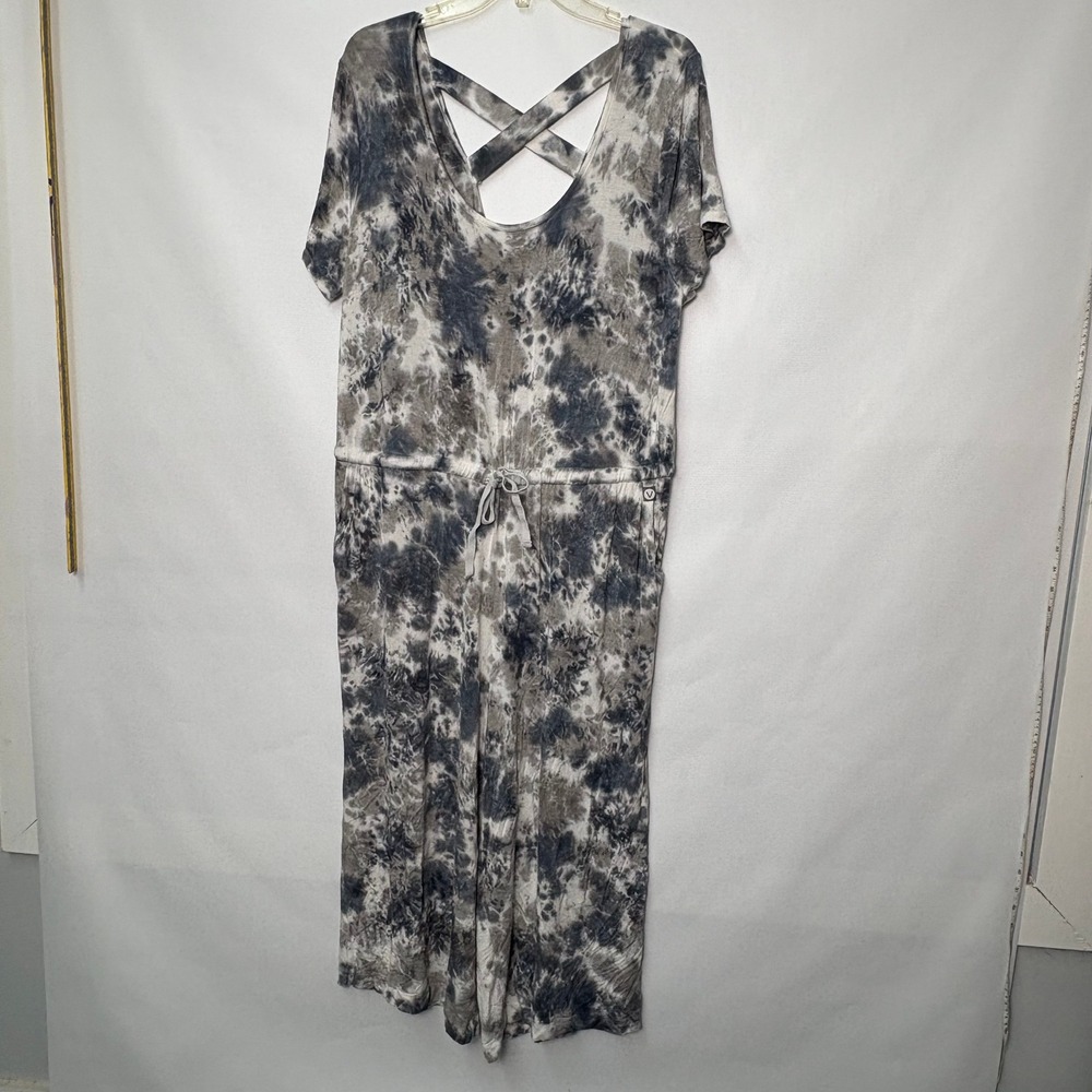 LIVI Womens Tie Dye Jumpsuit 14/16 Gray Short Sleeve Crisscross Back Wide Leg